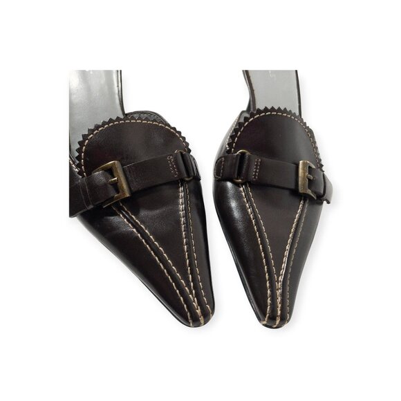 BCBGirls Brown Pointed Toe Kitten Heel Loafer Mules With Buckle Detail SZ 7.5 - Picture 12 of 14